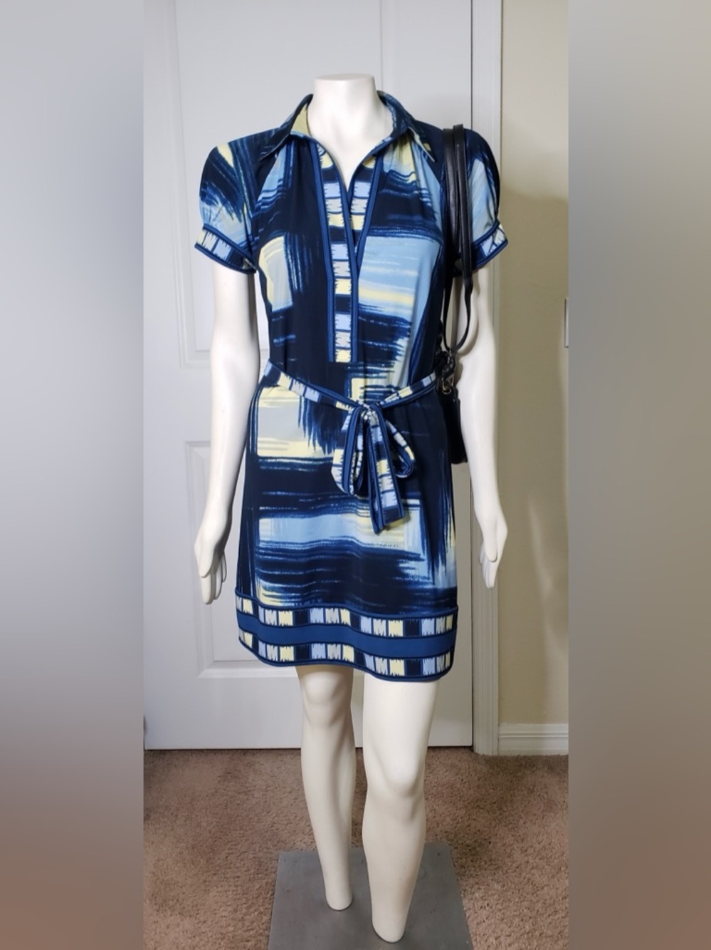 BCBGMaxAzria Navy and Light Blue Abstract Print Tie-Waist Mini Dress